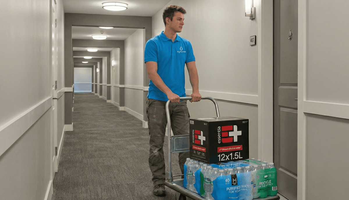 Collection of premium water bottles like Fiji, Essentia, and Pellegrino