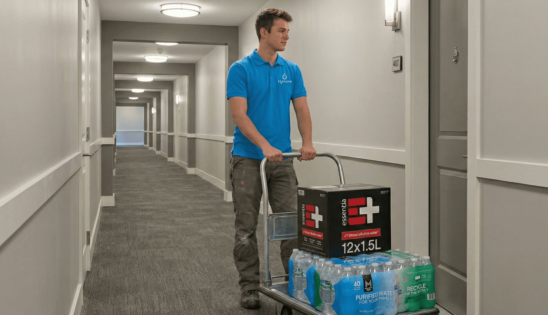 Essentia water case at apartment door
